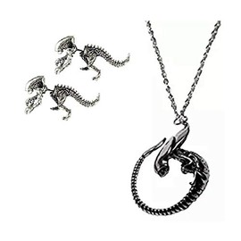 EC Trading Alien vs Predator Movie Xenomorph Silvertone Pendant Necklace Earring Set