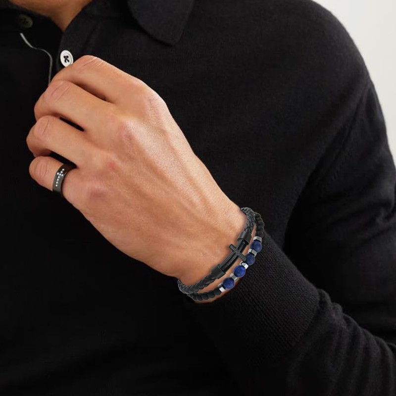 FYNSBLE Black Cross Bracelet for Men, Lapis Lazuli Beaded Leather