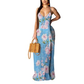 Women's Casual Summer Floral Maxi Dresses Bohemian Floral Print Loose Dresses Blueflower 2XL