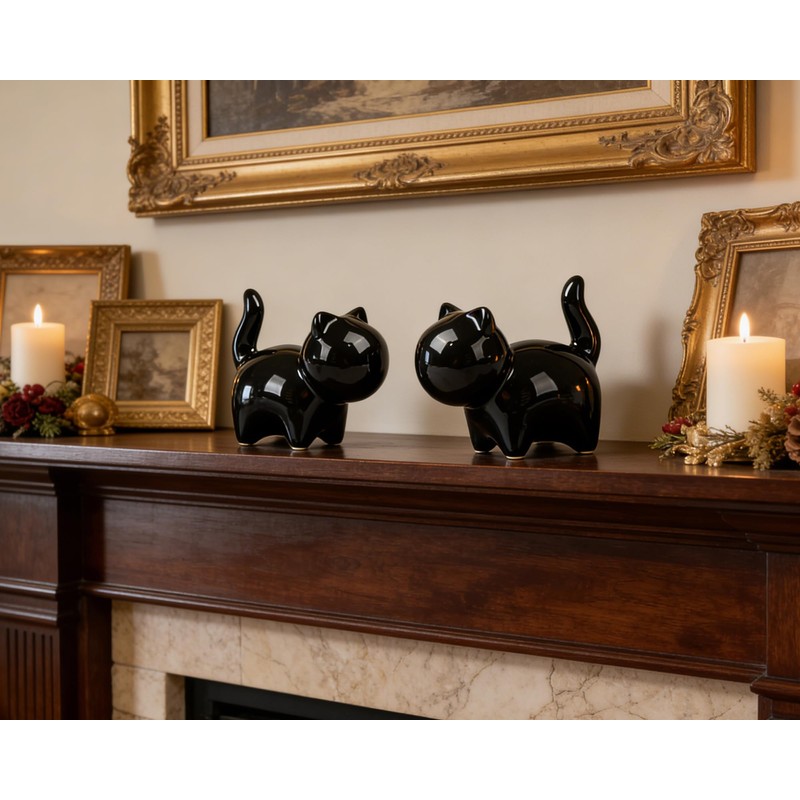 3 Inch Black Ceramic Cat Figurines Set of 2