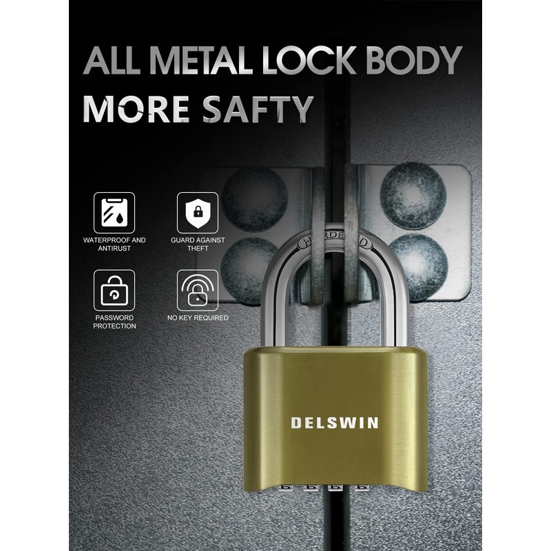 DELSWIN 4-Digit Combination Lock Outdoor Padlock - Heavy Duty Locker