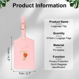 YELARXI Luggage Tags, Initial Letter Travel Luggage Baggage Labels PU Leather Tag Waterproof for Privacy Protection ID Suitcase Identifier Backpack (3 Pack, Pink T)