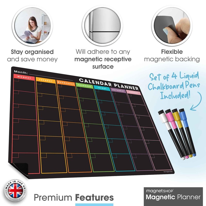 TMS Magnetic Monthly Planner and Dry Wipe Pen, Blackboard Fridge