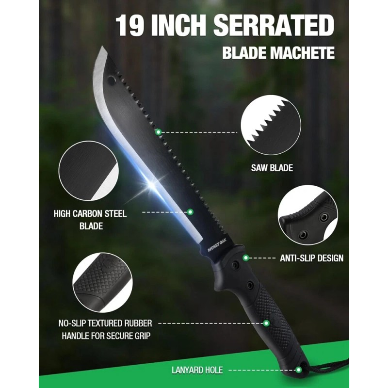 MOSSY OAK 19-inch Machete Saw Sharp Blade Machete Ergonomic No-Slip