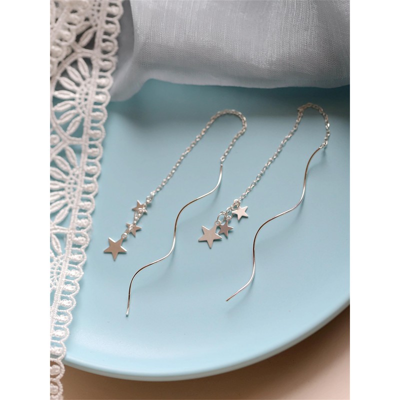 Sterling Silver Triple Stars Long Pull Through Wavy Threader Earrings
