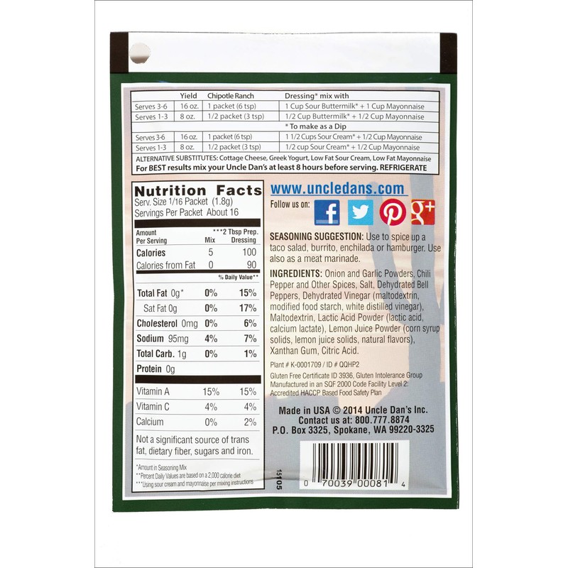 Uncle Dan's Chipotle Ranch Dressing | Singles Packet – 1oz
