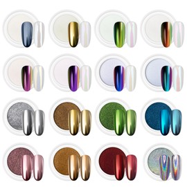 Artdone 16 Colors Chrome Nail Powder, Iridescent Aurora Chameleon Powder Metallic Mirror Effect Pigment Pearlescent Mermaid Pigment Pearl Glitter Dust Kit, Nail Art Decoration, Resin Craft