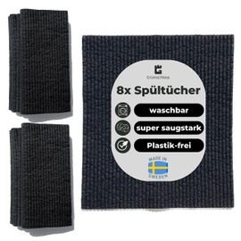 Grünschloss Dish Cloths Black - 8 x Sponge Cloth Washable Kitchen Towels Cotton & Wood Pulp - Kitchen Cloths, Cleaning Sponge Made in Sweden - Extra Absorbent Universal Cleaning Cloths & Wipes