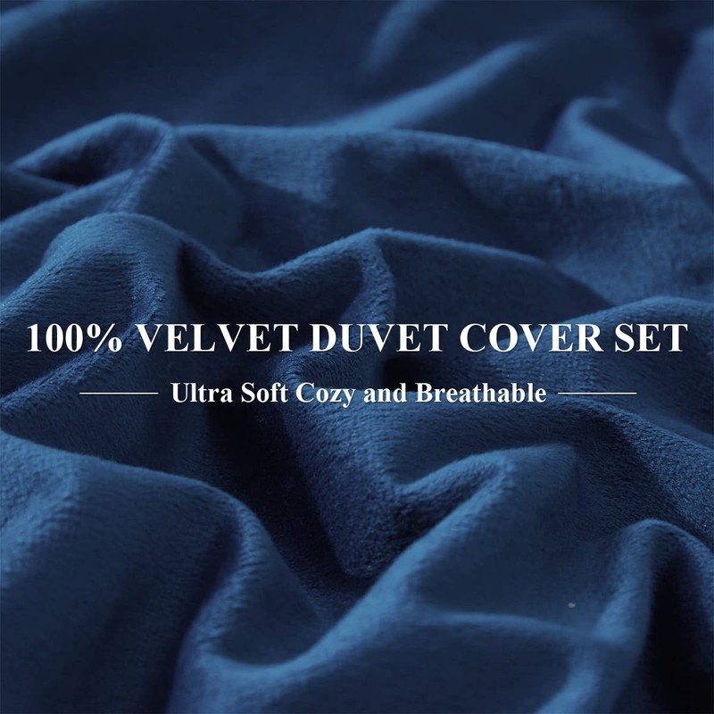 Ivellow Velvet Duvet Cover King Size 3 Pcs Flannel Navy