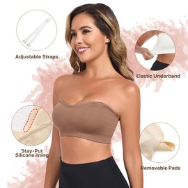 OBICUM Strapless Bras for Women Non-Slip Silicone Push Up Padded Bandeau Bralette Tube Top Bra Brown M