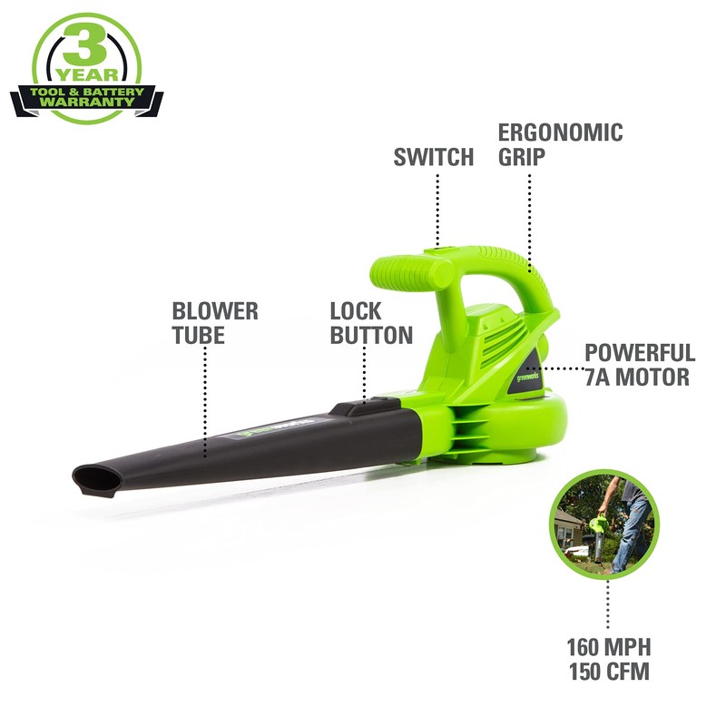 Greenworks 7 Amp 160 MPH/150 CFM Single Speed Electric Blower,