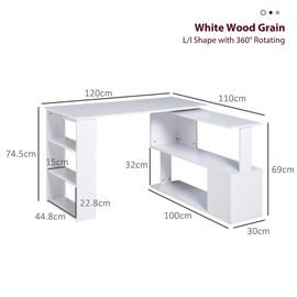 HOMCOM L Shaped Desk, Corner Computer Desk with Storage Shelves, Writing Table for Home Office, Study - Color: L/I Shape with 360° Rotating, White Wood Grain, Specification: Standard