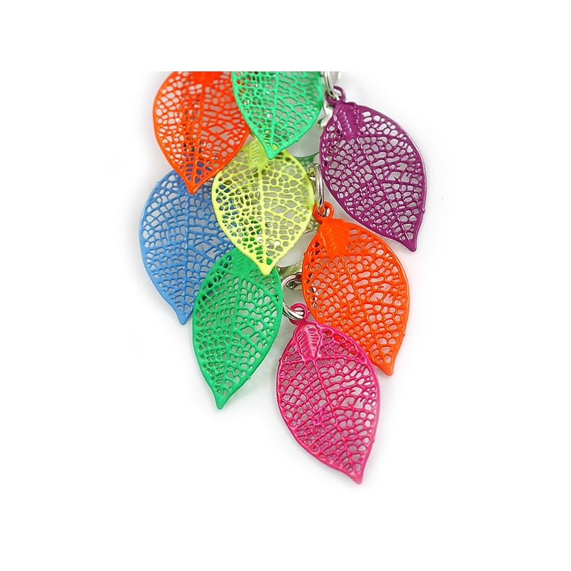Multicoloured Enamel Multi Leaf Dangle Earrings - 75mm Drop