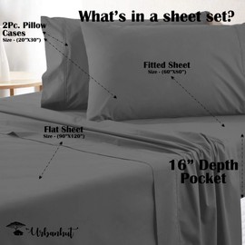 Pure Egyptian Cotton Sheets Queen-Size - 800 Thread Count Dark Grey Sheets, Premium 4 Piece Sateen Weave Bed Set, 100% Natural & Smooth Long Staple Cotton, 16 Inch Elasticized Deep Pocket