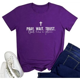 Women Pray Wait Trust Soft Sleeveless Crew Neck Cute Graphic T-ShirtsColor: Purple, Size: Xl