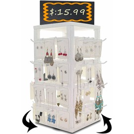 Jewack Wooden rotating Jewelry Display Stand with Removable 48 Hooks advertising board, For Earring Cards necklace bracelet Keychain Jewelry Organizer For Selling For vendor events (White)