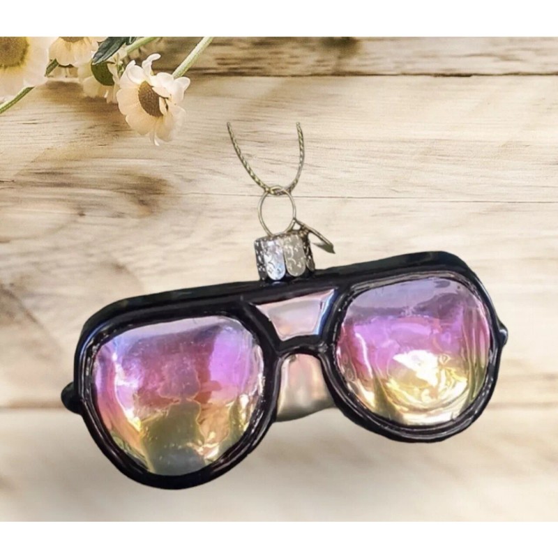 Rainbow Sunglasses Glass Ornament - Black Rainbow Retro Cool Fashion