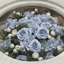 4 Pack Artificial Peony Silk Flower Hydrangea Fake Bouquet Elegant Faux Flowers with Vase for Table Centerpieces Wedding Decoration Bridal Floral Arrangement(Blue)