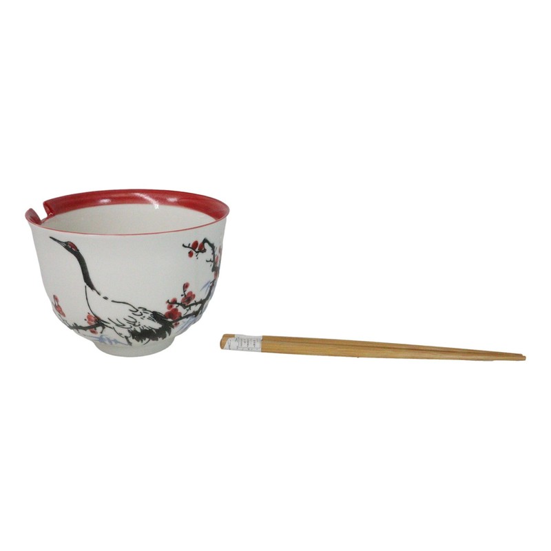 Japanese Crane On Cherry Blossoms Ceramic Donburi Ramen Bowl With