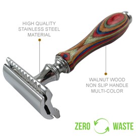 Krisp Shave Long Wood Handle Safety Razor for Men Women - Double Edge Manual Razor - Fits All Double Edge Razor Blade - Comes With 5 Shaving Blades, Multi Color, 4.2 inch long