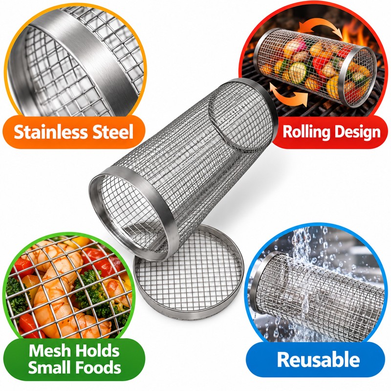Stainless Steel Rolling Grill Basket for BBQ Cooking – Large
