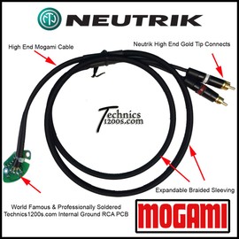 4ft (1.21m) Technics 1200/1210 High End Audiophile RCA Phono Mogami Cables with Internal Ground PCB & Neutrik Gold Connectors