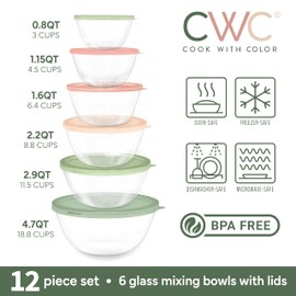 COOK WITH COLOR 12 Pc Glass Mixing Bowl Set with Lids – Borosilicate Glass Nesting Bowls for Cooking, Baking and Meal Prep, Multicolor