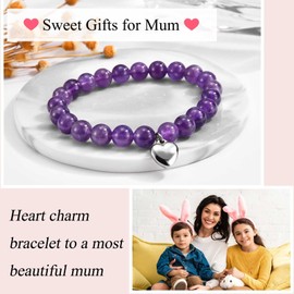 KORAS Gifts for Mum, Heart Charm Purple Bead Bracelet Mothers Day Gifts for Mum from Daughter Son, Best Birthday Christmas Presents for Women