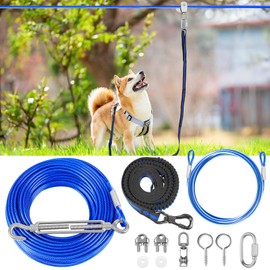 XiaZ Dog Tie Out Cable, 200ft Trolley Runner Cable for Dogs up to 250lbs, Dog Lead for Yard, Camping, Outdoor, with 8 Ft Nylon Bungee Runner, Cable Sling to Protect Trees,Blue