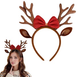 Mimeile Christmas Antlers Headband Brown Reindeer Ears Head Band for Women Cute Bow Hairband Xmas Holiday Hair Accessories Gift Costume Party Favors