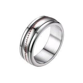 OAKKY Unisex Stainless Steel 8mm Simple Personality Baseball Pattern Rotatable Fidget Ring Domed Style Cool Wedding Band Sports Jewelry Silver Size 12