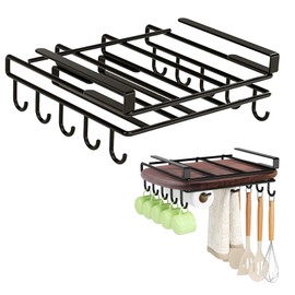 UgyDuky Under Cabinet Cutting Board Holder with Hooks, Punch-Free Shelf Organizer for Cutting Boards, Cups, Paper Towels, and Utensils, No-Drill Space-Saving Kitchen Rack, Black (A)