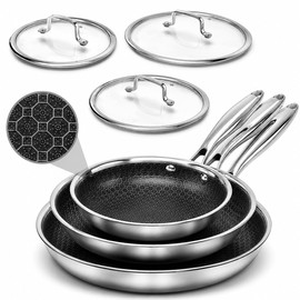 USELUCK Non Stick Frying Pan Set - 8, 10, 12-Inch Hybrid Non-Toxic Skillet with Lids - Dishwasher & Oven Safe, Induction Ready, Stainless Steel Kitchen Cookware Set (7-Pcs Set)