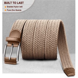 BULLIANT Stretch Belt Men,Mens Gift Woven Braided Web Belt 1 3/8 for Golf Casual Pants Shirts Jeans(Beige,36"-40" Waist Adjustable)