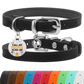 BRONZEDOG Leather Cat Collar with Bell Non Breakaway Kitten QR Tag for Girl Boy (7" - 9" for Cats, Black & Silver)