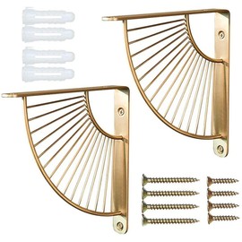 Gold Shelf Brackets, 2 Pieces Gold Shelf Brackets, Heavy Duty Metal Shelf Brackets, Shelf Supports Corner Brace for Wall Mounting, Sector Metal Shelf Bracket Angle Connector with Screws, Gold