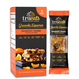 TruEats Chewy Granola Squares - Cranberry Orange - Plant Based Protein, Snack Bar - Low GLycemic, Rich in Protein & Fiber, Gluten Free, Dairy Free, Nut Free, Healthy Snack, Breakfast (3 Squares per Pack) - (5 Pack)