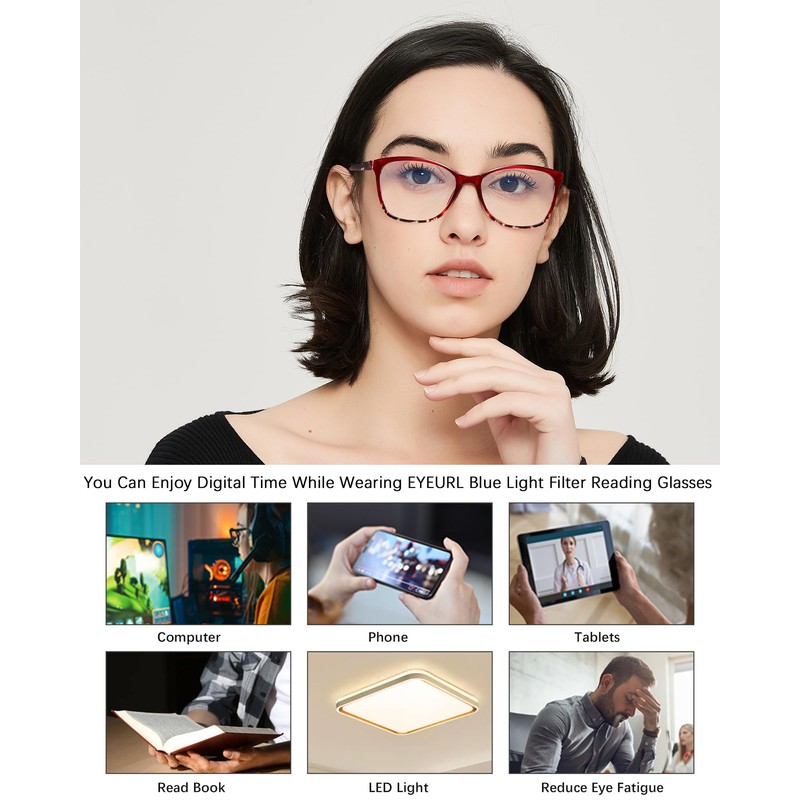 EYEURL Reading Glasses for Women,4-Pack Ultra-Light Slim Frames Blue Light