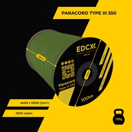 EdcX 4mm Nylon Paracord 550 100m (330 feet) - Type III, 100% Nylon Rope, 7 Strand Rope, 4mm Nylon Rope in Solid Colors (Moss, 100 m)
