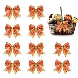 Hying 10PCS Fall Bows for Wreath, Linen Plaid Orange Harvest Wreath Bows for Thanksgiving Décor, Thanksgiving Bows for Front Door Indoor Outdoor Wall Tree Topper Autumn Decoration Supplies Ornament