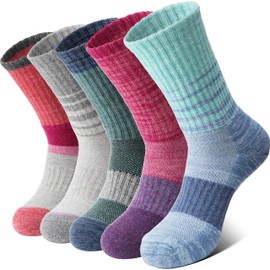 Anlisim Merino Wool Hiking Walking Thermal Socks for Women Winter Warm Boot Work Cushion Crew Socks 5 Pairs Gift Stocking Fillers(Assorted Stripes,L)