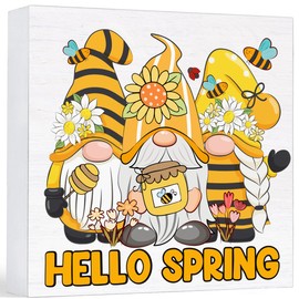 Spring Decor Farmhouse Hello Spring Wood Sign Spring Gnomes Decorations Country Home Living Room Table Desk Decor (5 x 5 Inches)
