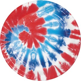 Party Creations Patriotic Tie Dye Paper Dinner Plates, 9 Inches, Red White Blue, 16 Count