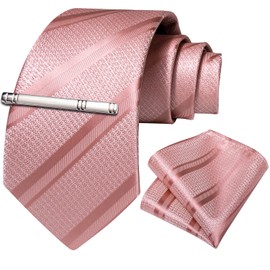 DiBanGu Striped Necktie, Handkerchief, and Tie Clip Set; Washable; School Entrance Ceremonies; Business; After-Parties, pink striped