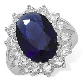 Womens Sterling Silver Blue Synthetic Sapphire & White Cubic Zirconia (CZ) Oval Cluster Engagement Ring - LARGE Replica Kate Middleton/Princess Diana Ring/The Royal Ring - Size K