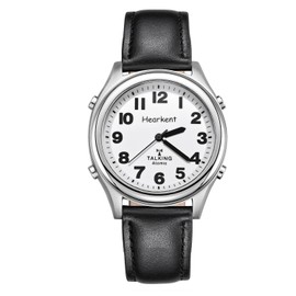 Hearkent Radio Controlled Talking Watch with Black Leather Strap British English Speaking for Blind People and Visually Impaired Elderly (Leather Band)