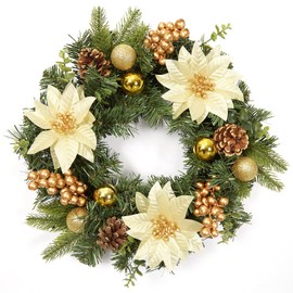 GAOMON 16 Inch Artificial Xmas Wreath with Gold Flower Berries and Pine Cones Ornaments, Christmas Wreath for Door Wall Window Fireplace Decoration, Gold