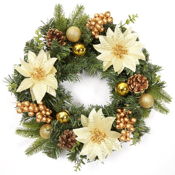 GAOMON 16 Inch Artificial Xmas Wreath with Gold Flower Berries