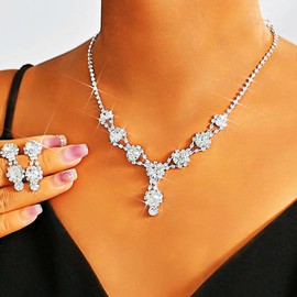 Edary Bridal Crystal Necklace Earrings Set Bridal Wedding Jewellery Sets Rhinestone Choker Necklace Prom Costume Jewellery Set for Women and Girls, Gemstone