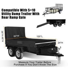 Utility Trailer Cover, 5x10 Trailer Cover with Rear Landscape/Ramp Gate 48” to 60” high, 600D Waterproof Windproof Heavy Duty Black Dump Trailer Cover, Fits 5 x 10 FT (W x L)